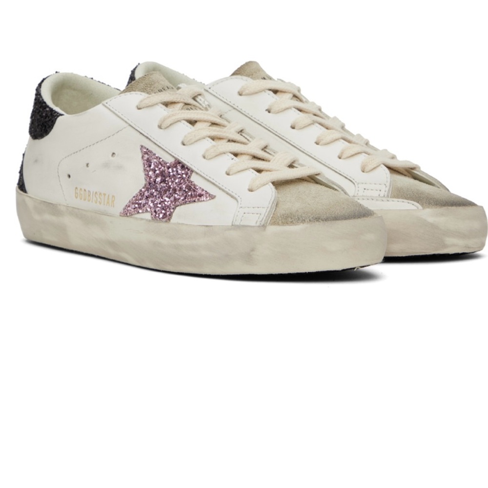 Golden Goose Women's Cream and Pink Glitter Star Sneakers